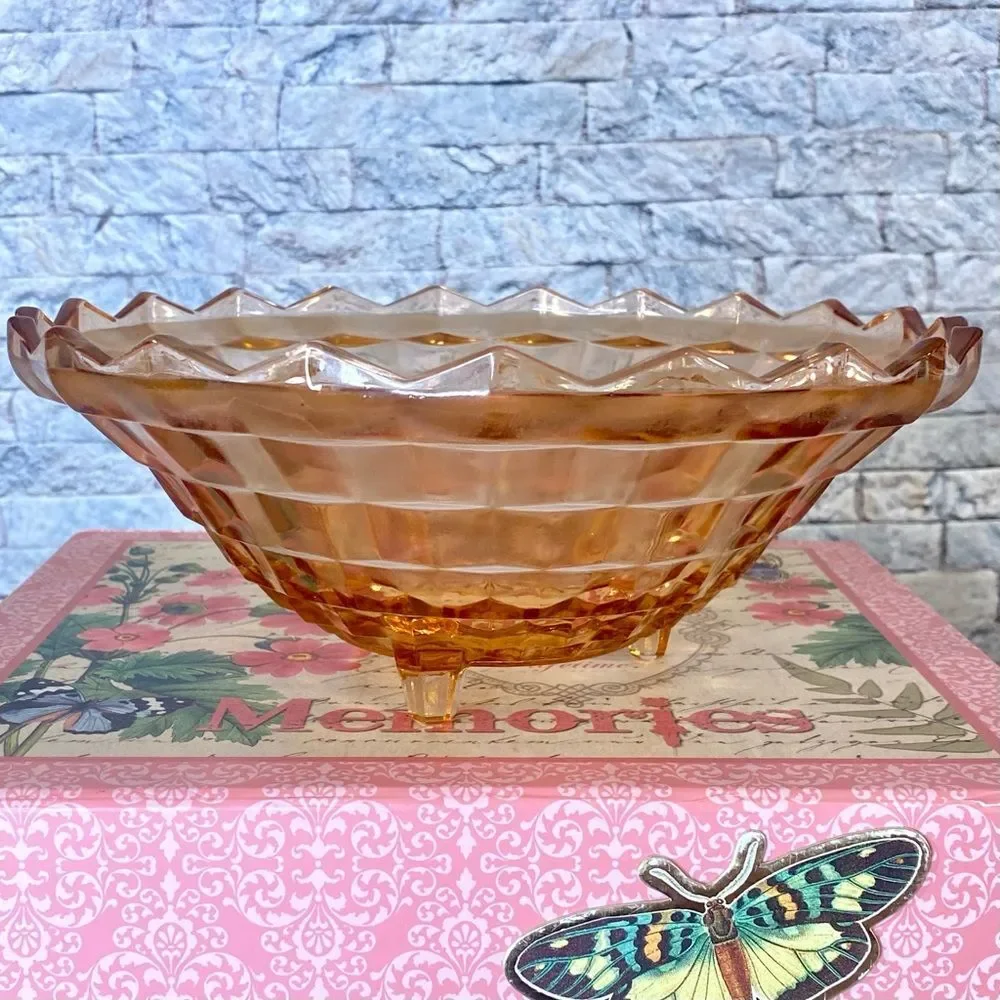 Vintage Large Pink Depression Glass Footed Bowl Cubed Pattern Salad Bowl